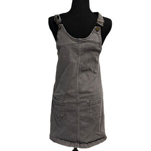 Women Gray Denim Overall Pinafore Dress Sz 16 DP lagenlook utility Pocket grunge